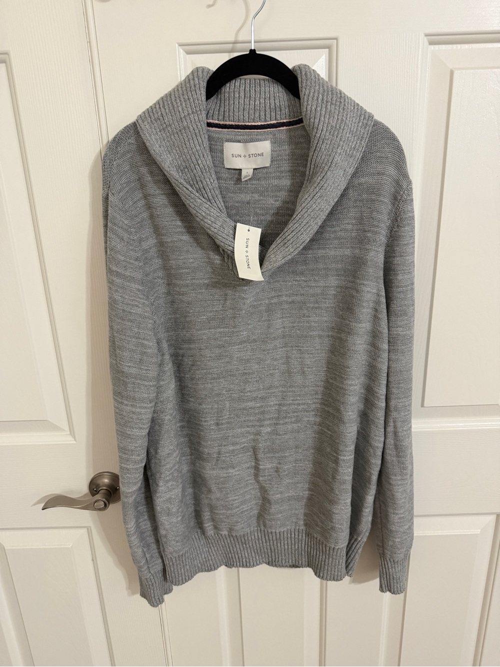 NWT Sun + Stone Mens Large Gray Shawl Collar Sweater 100% Cotton Pewter Heather